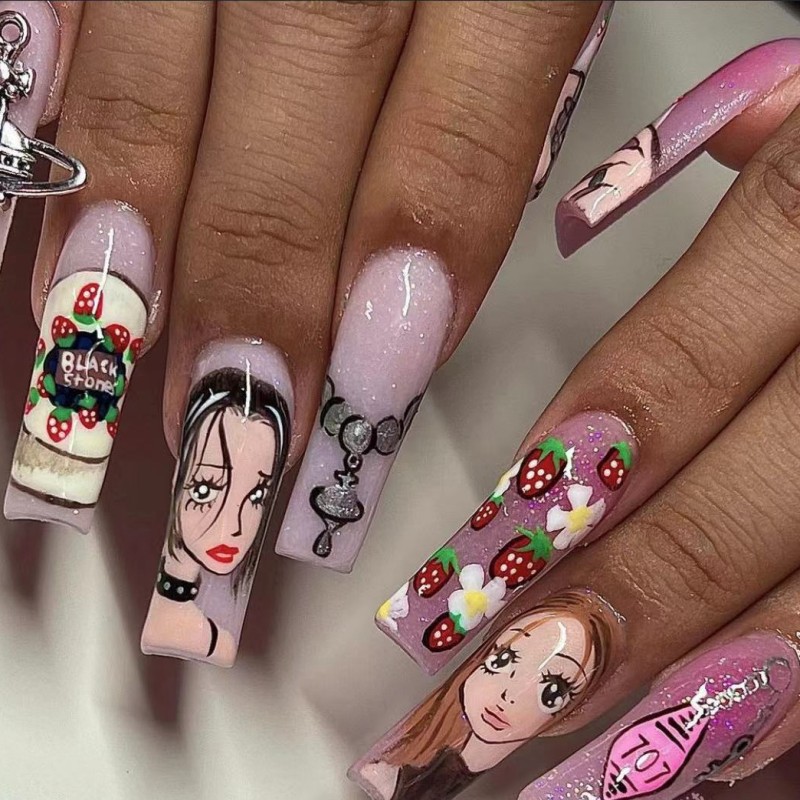 Nail Art Strawberry - Medium long fake nails for women