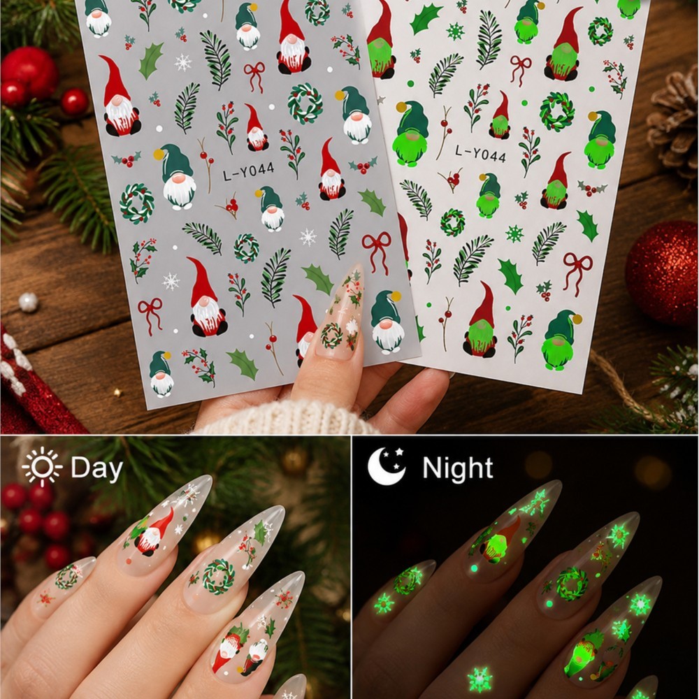 Nail Art Xmas Design - 2Pcs Christmas Glow‑in‑the‑Dark Nail Decals Cute